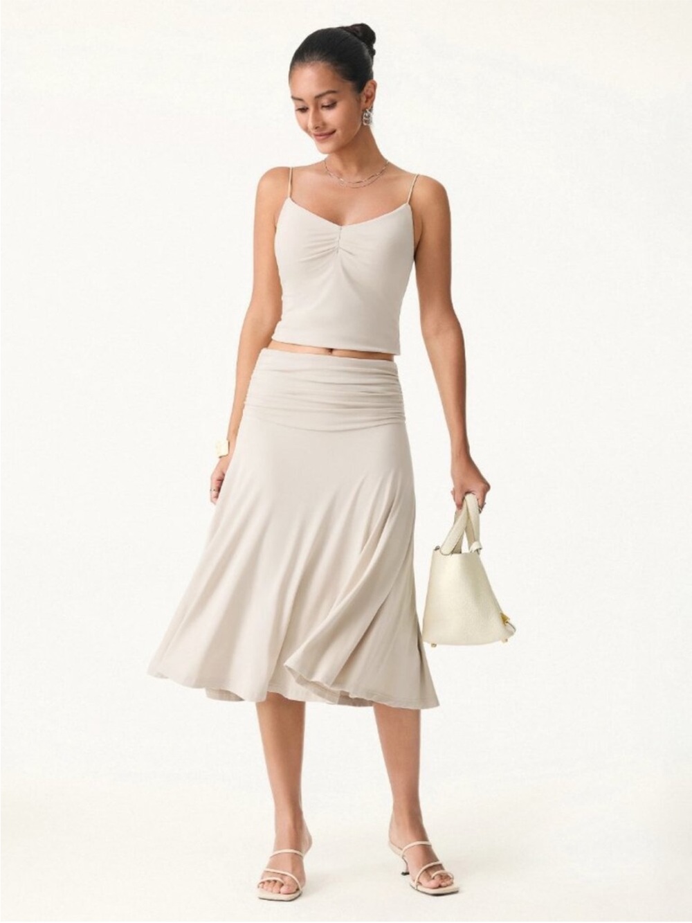 NWT OGL Eco-SkinKiss® Flowy Side Ruched A-line Midi Skirt Fog S